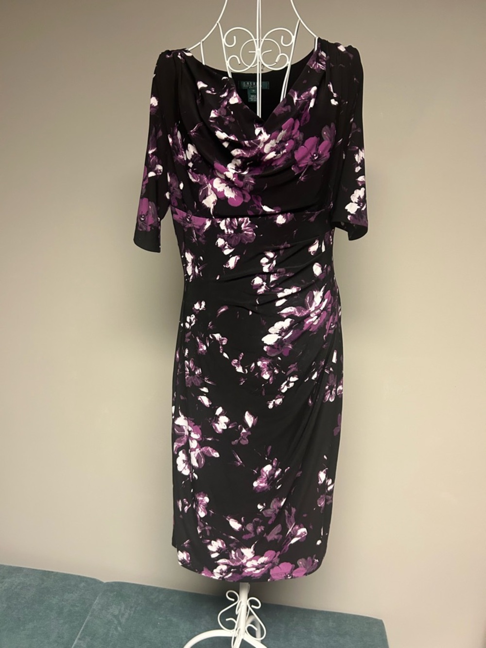 Lauren Ralph Lauren Black Midi Dress with Purple & White Floral Print